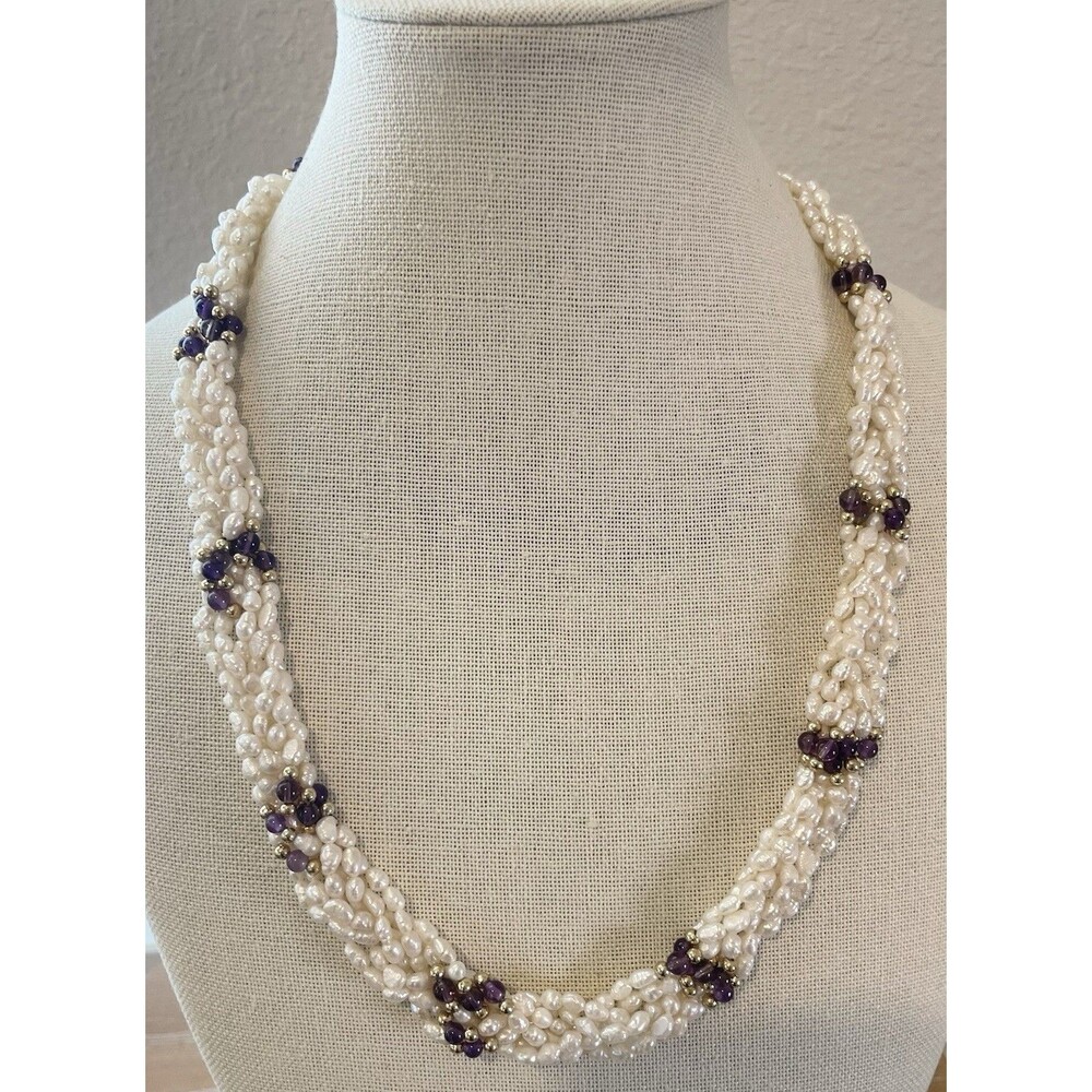 Braided Pearl and Amethyst Gold Tone Vintage Flower Clasp Necklace